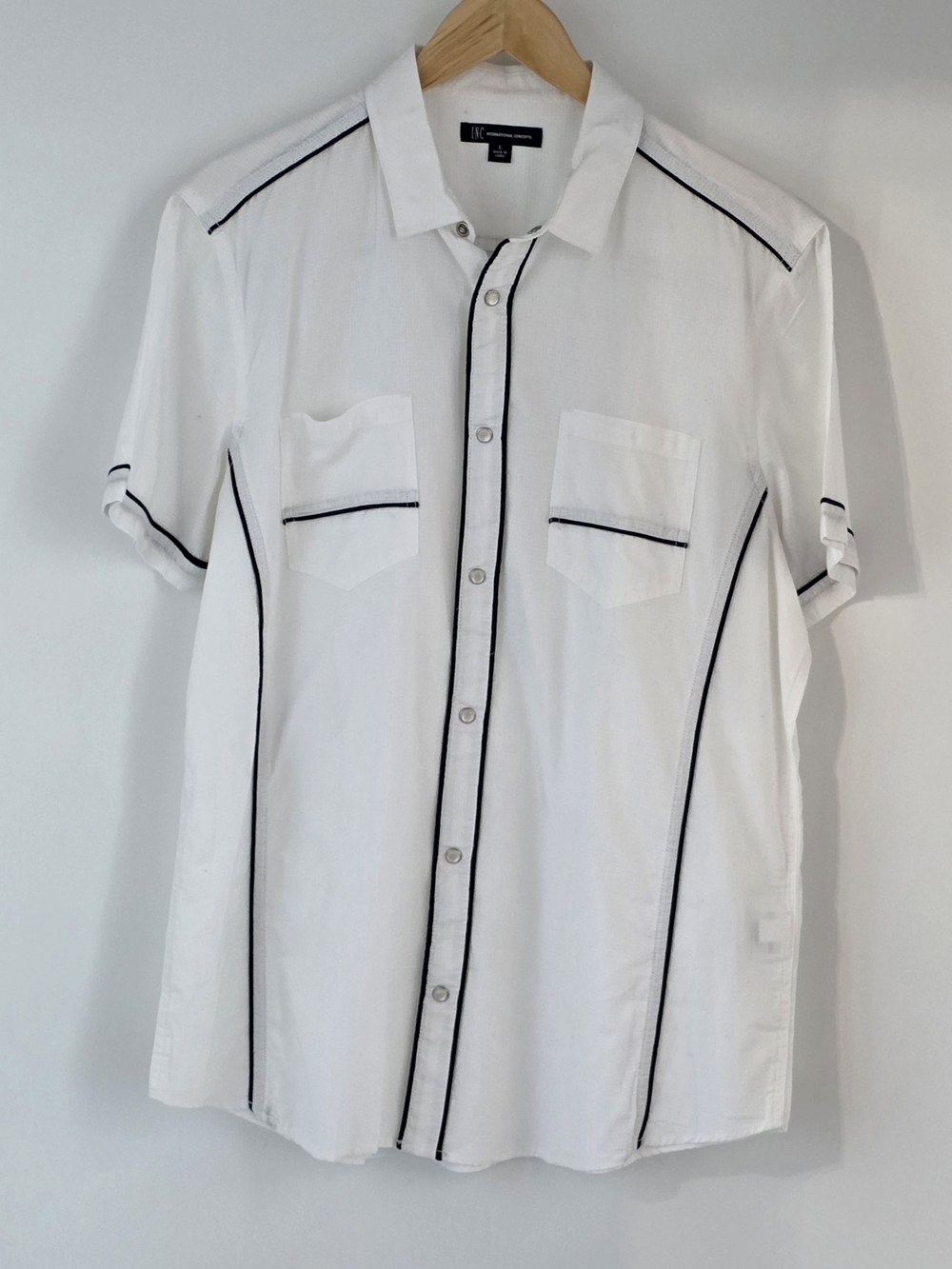 INC International White Short-Sleeve Button Up Shirt with Black Trim Mens Large
